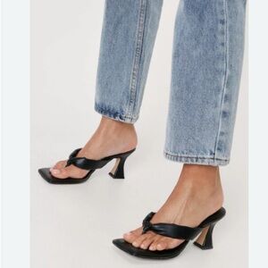 Nasty Gal Leather Thong.  3” Heeled Mules Black 7.5 Chic Black Heeled Sandals